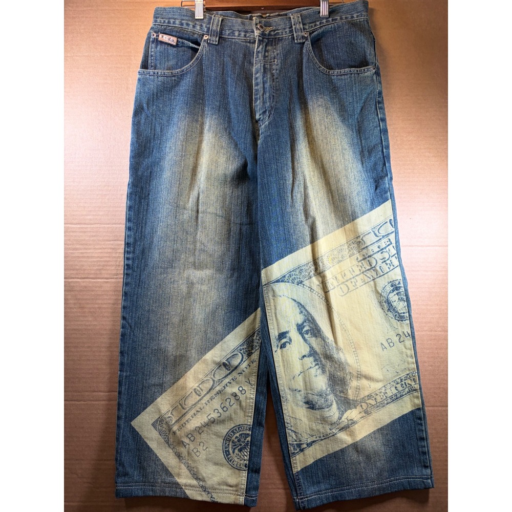 Stud Jeans Baggy Jeans Mens 34x24 Blue Money Print Y2K Wide Leg Hip Hop Denim